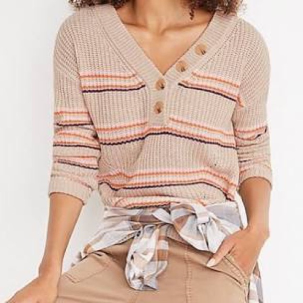Maurices V Neck Beige Striped Henley Sweater NWT XXL academic preppy